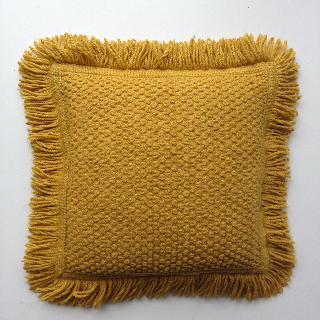 CUSHION, 1970s Yellow Mustard Knit w Fringe